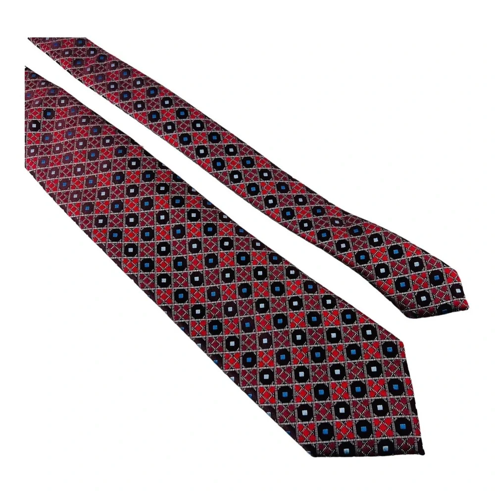 Ermenegildo Zegna Red w/‎ Silver Check w/ Blue Dot Silk Tie Size 3.5